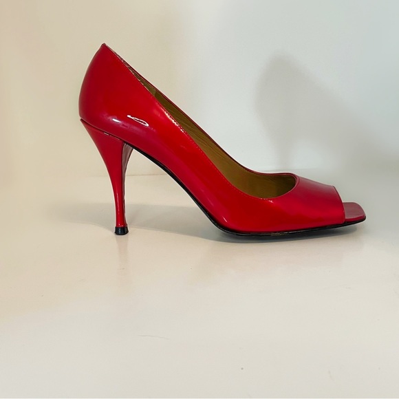Stuart Weitzman Shoes - GUC - Stuart Weitzman Linda Patent Leather Peep Toe Pump in Red Quasar - 7.5